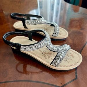 Black Sandals with Rhinestones and Pearls